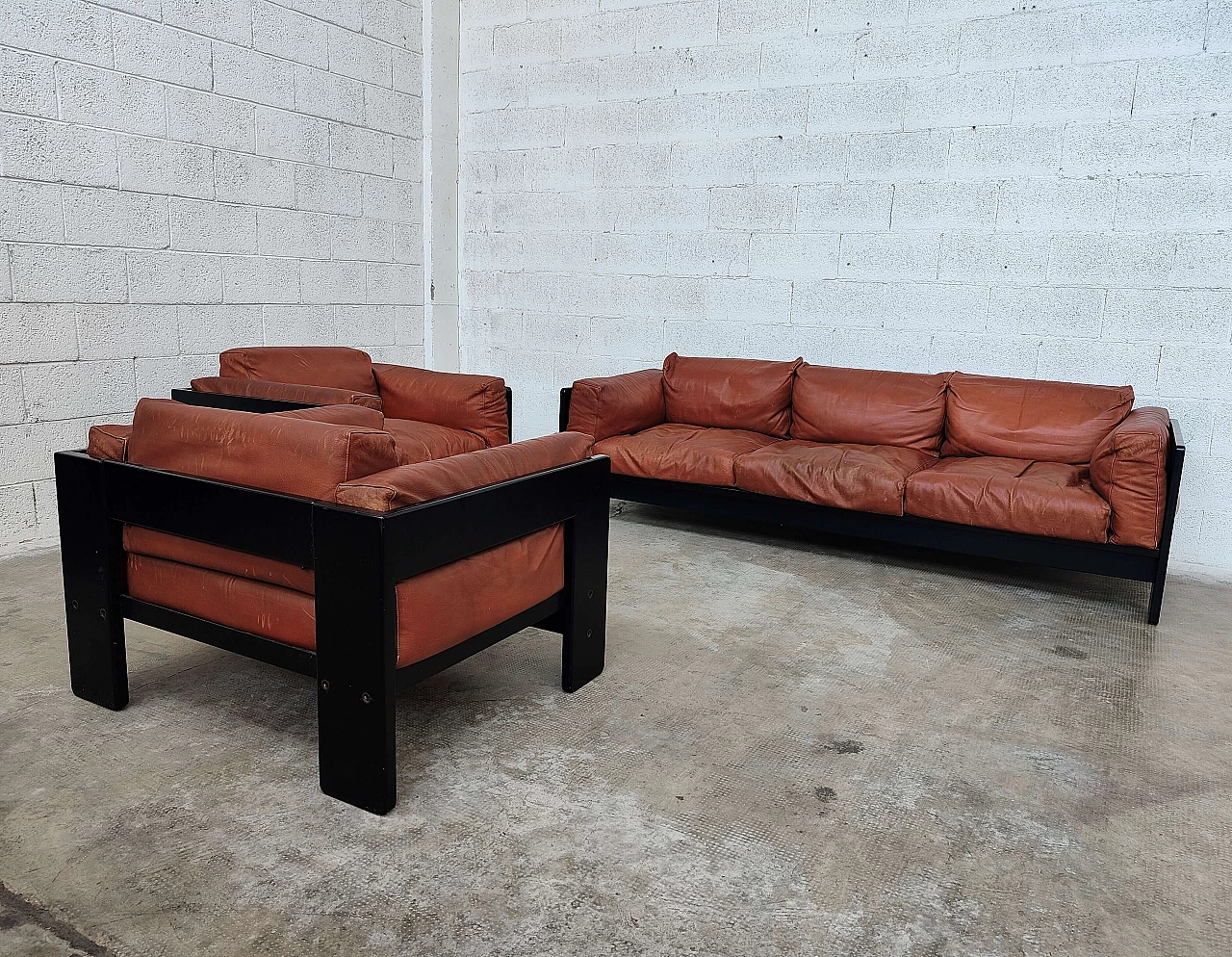 Bastiano leather sofa with 2 armchairs by Afra and Tobia Scarpa for Gavina, 1960s 2