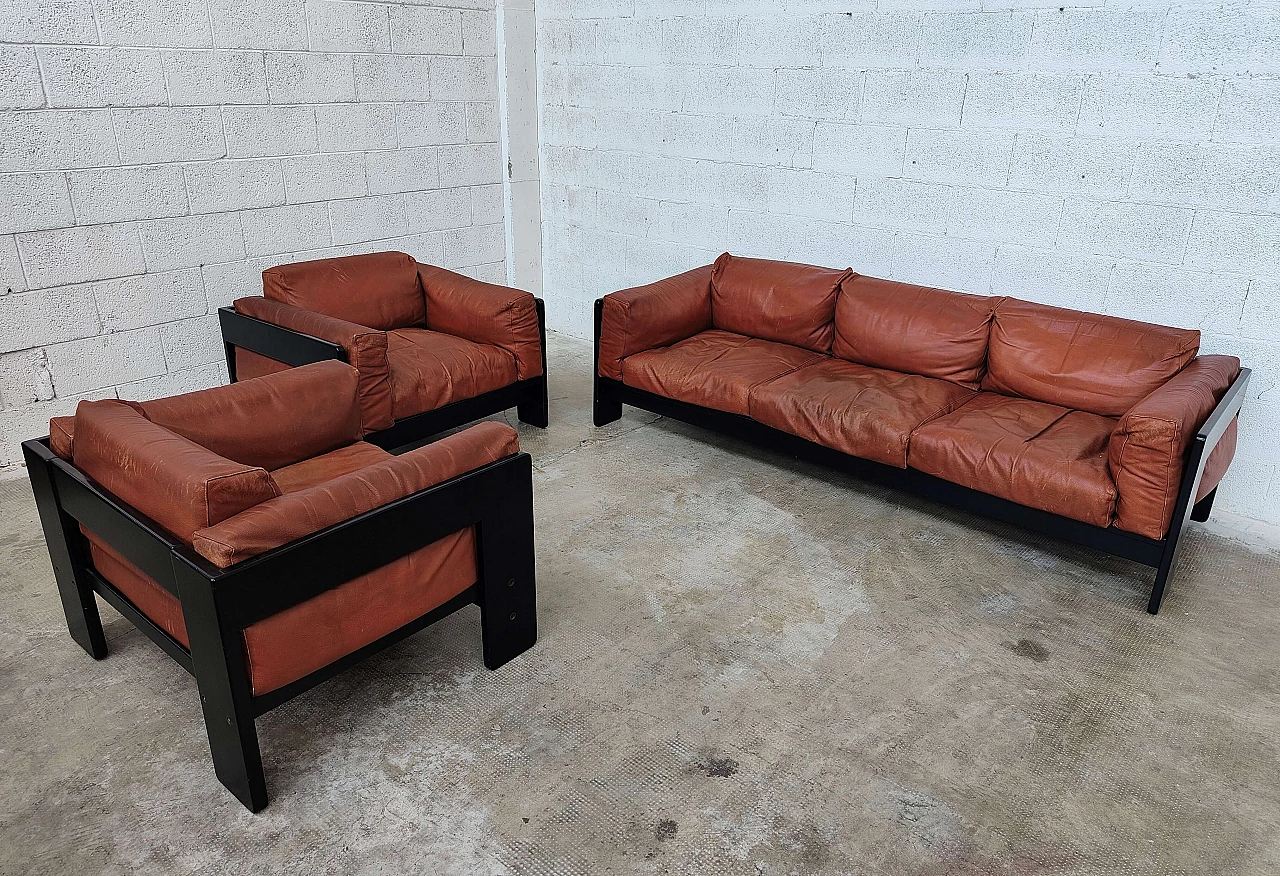 Bastiano leather sofa with 2 armchairs by Afra and Tobia Scarpa for Gavina, 1960s 3