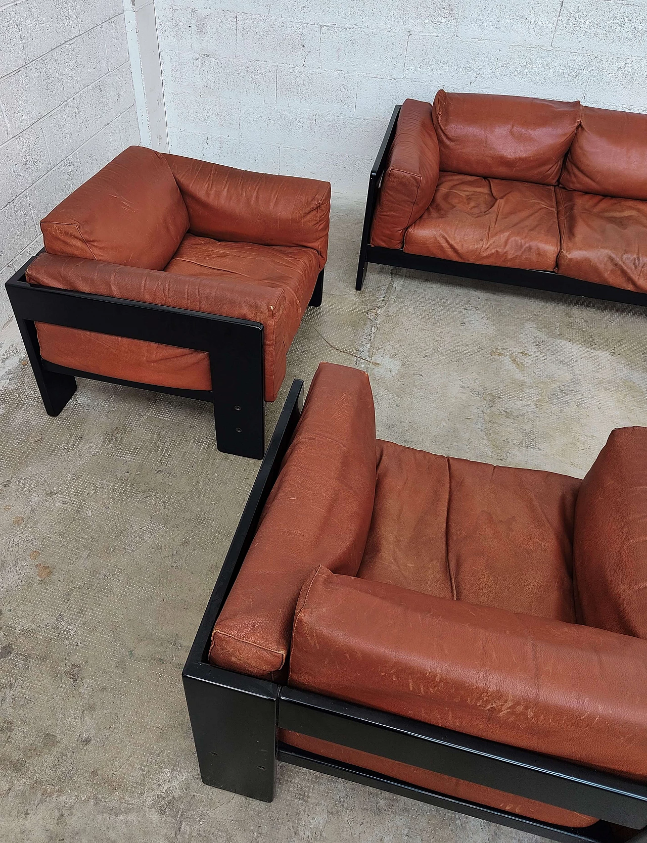 Bastiano leather sofa with 2 armchairs by Afra and Tobia Scarpa for Gavina, 1960s 11