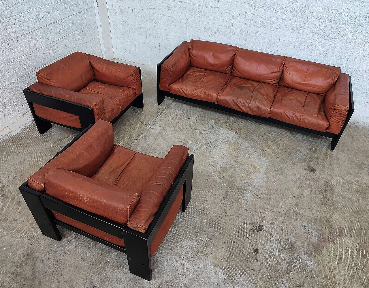 Bastiano leather sofa with 2 armchairs by Afra and Tobia Scarpa for Gavina, 1960s 12