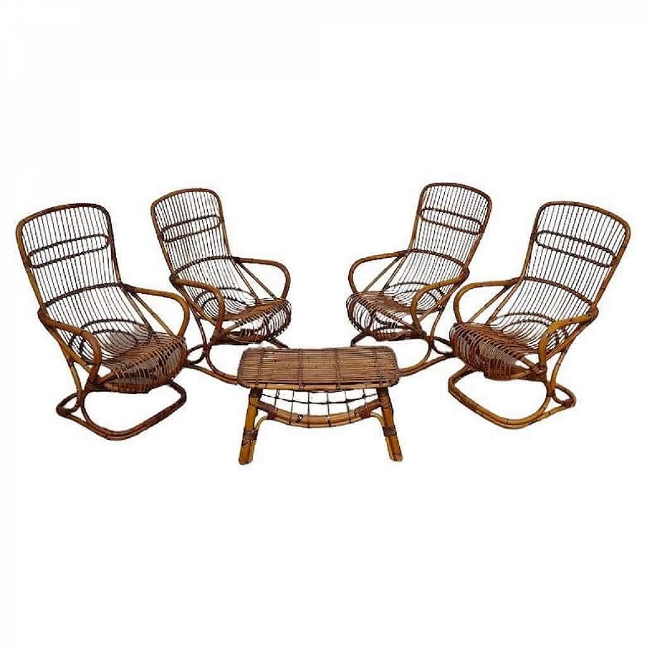 4 Poltrone e un tavolino in bambù di Tito Agnoli per Bonacina, anni '60 1