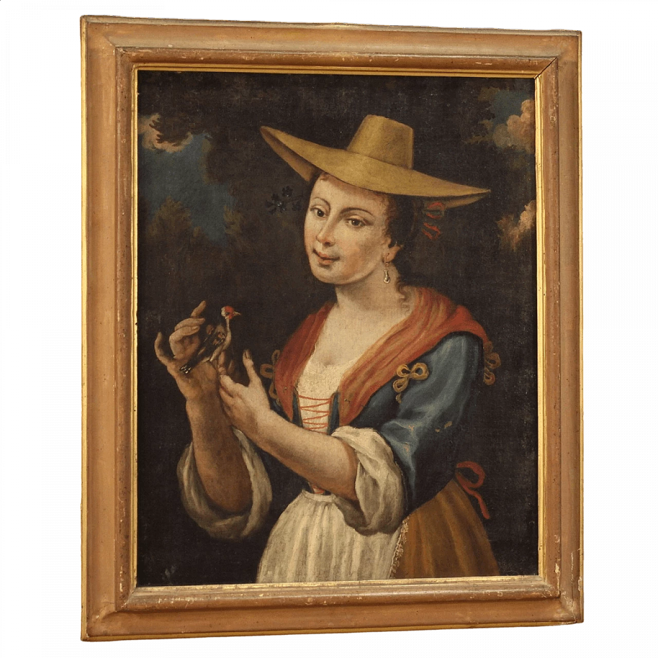 Ritratto di fanciulla con cardellino, dipinto a olio su tela, '700 13