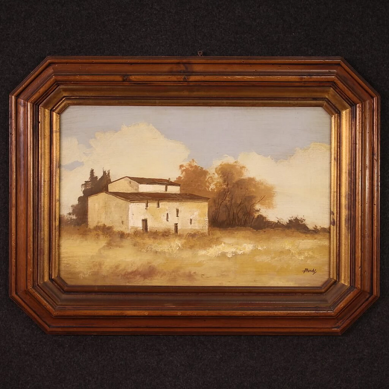 Landscape with building, oil on masonite, 1970s 1