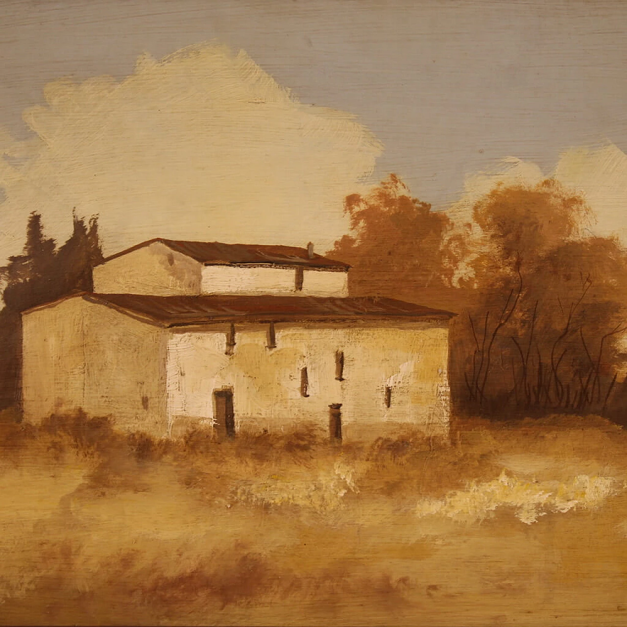 Landscape with building, oil on masonite, 1970s 2