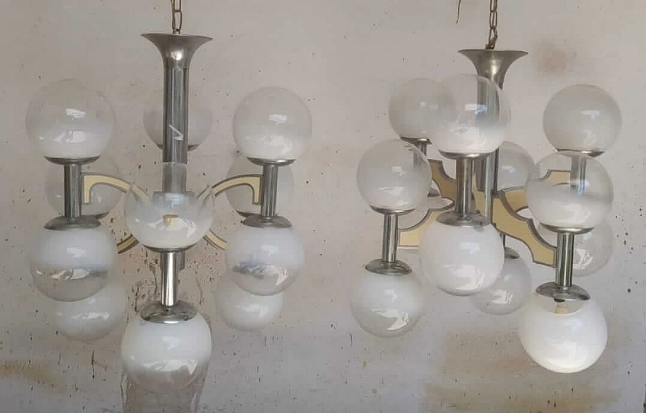 Pair of metal and milk glass chandeliers by Gaetano Sciolari, 1960s 4