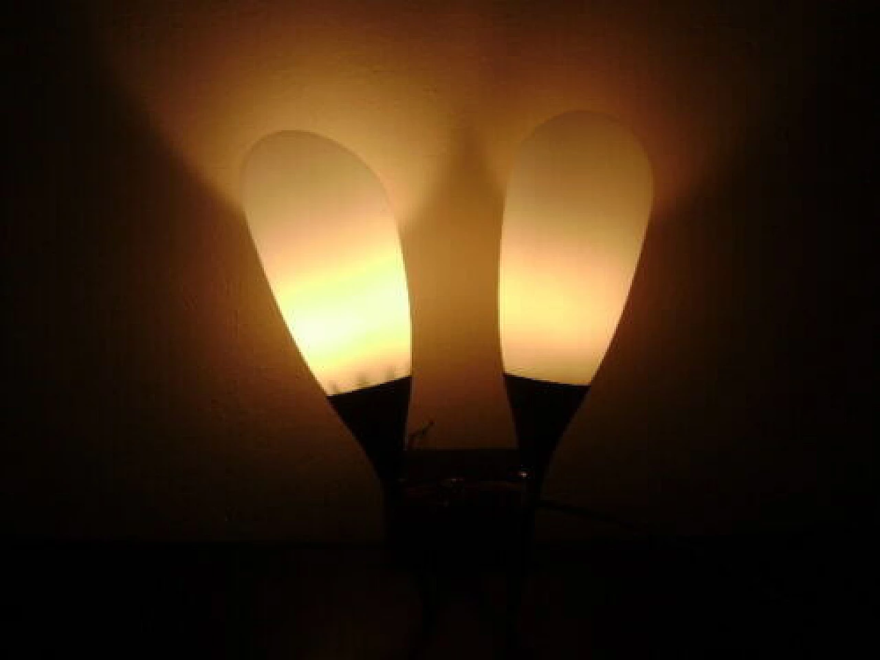 Coppia di applique con struttura in ottone e diffusori in vetro opalino, anni '60 1