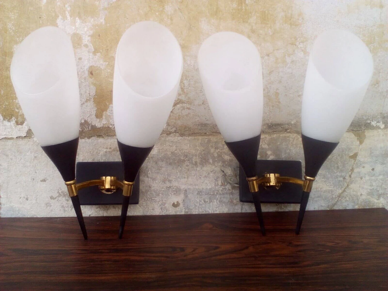 Pair of wall lights with brass frame and opaline glass diffusers, 1960s 4