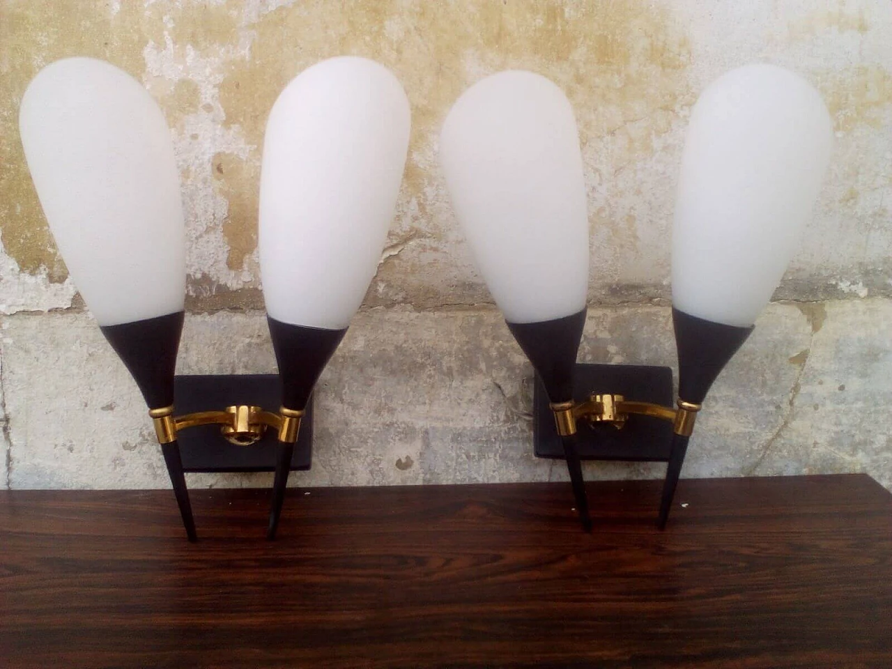Pair of wall lights with brass frame and opaline glass diffusers, 1960s 5