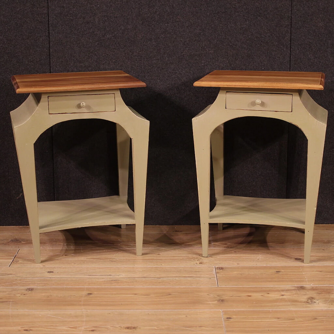 Pair of carved wooden bedside tables with drawer, 1980s 1