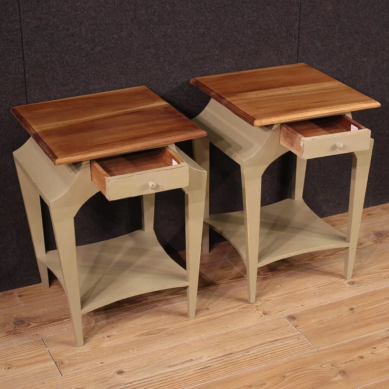 Pair of carved wooden bedside tables with drawer, 1980s 3