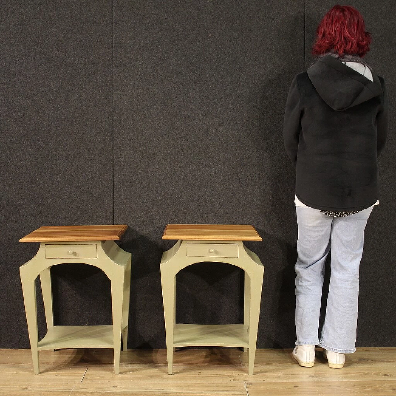 Pair of carved wooden bedside tables with drawer, 1980s 10
