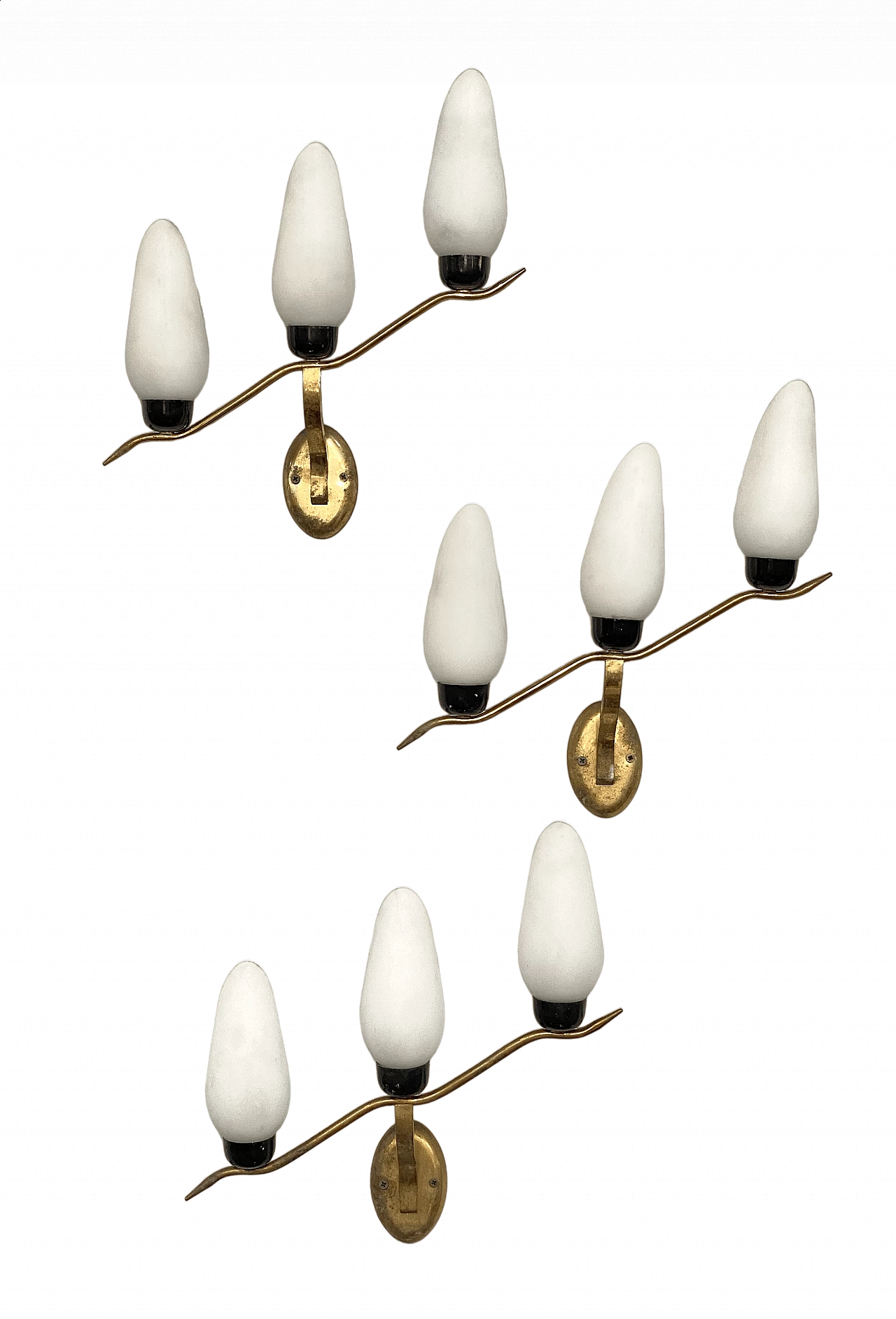3 Wall lamps in gilded brass and opaline glass, 1960s 11