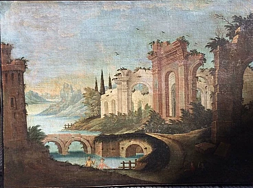 Paesaggio di fantasia con rovine, olio su tela, fine '700
