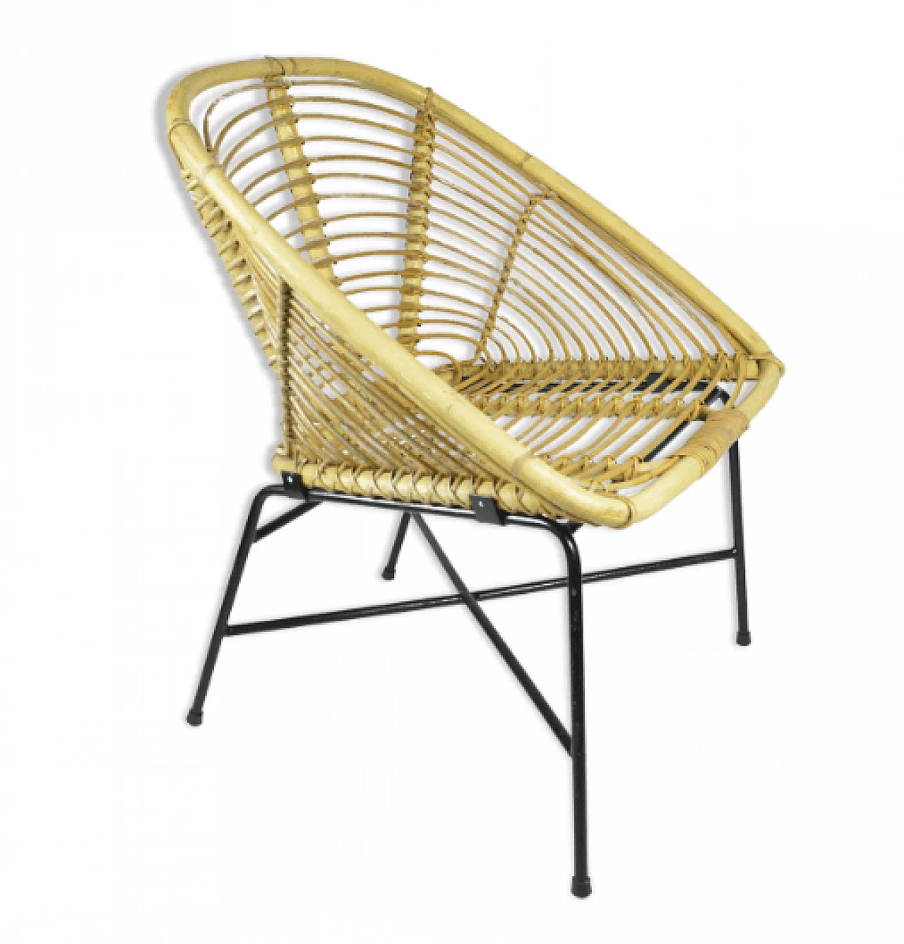 Rattan and black lacquered metal armchair, 1960s 1