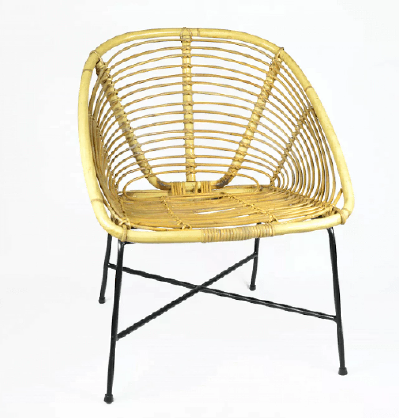 Rattan and black lacquered metal armchair, 1960s 2