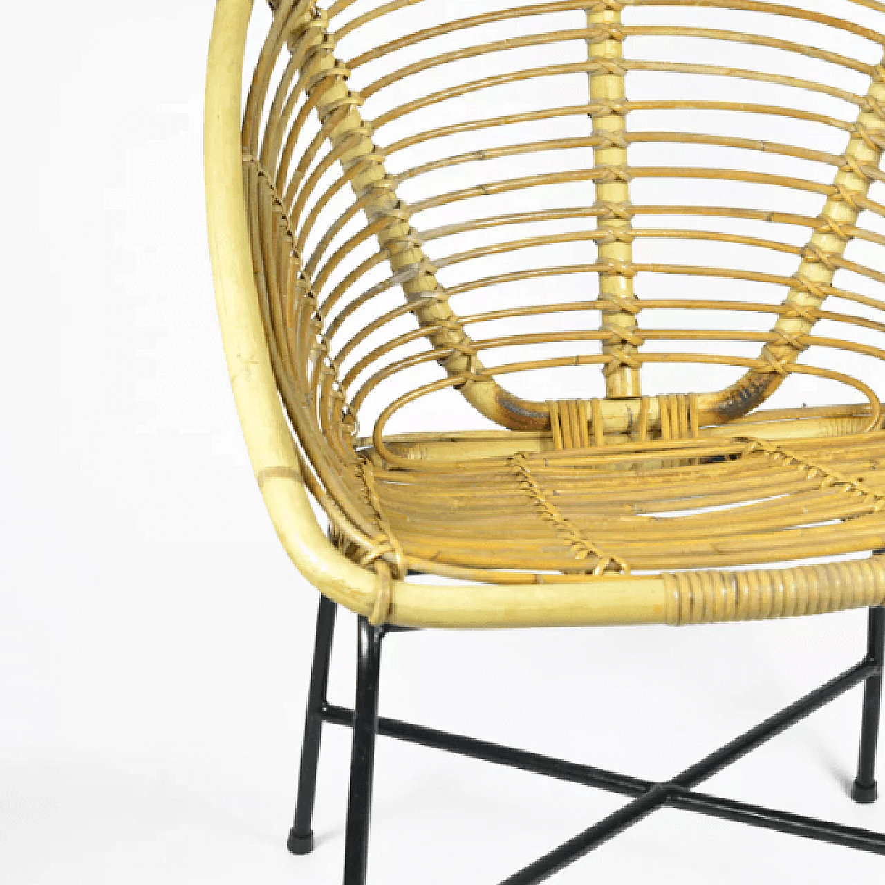 Rattan and black lacquered metal armchair, 1960s 3