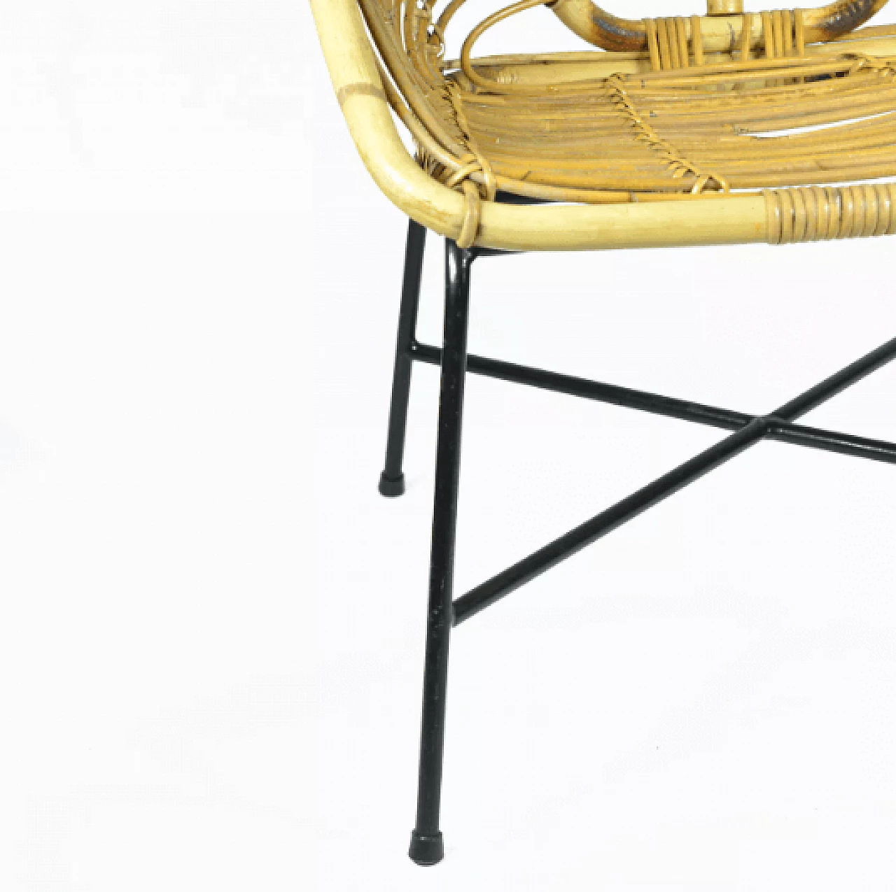 Rattan and black lacquered metal armchair, 1960s 4