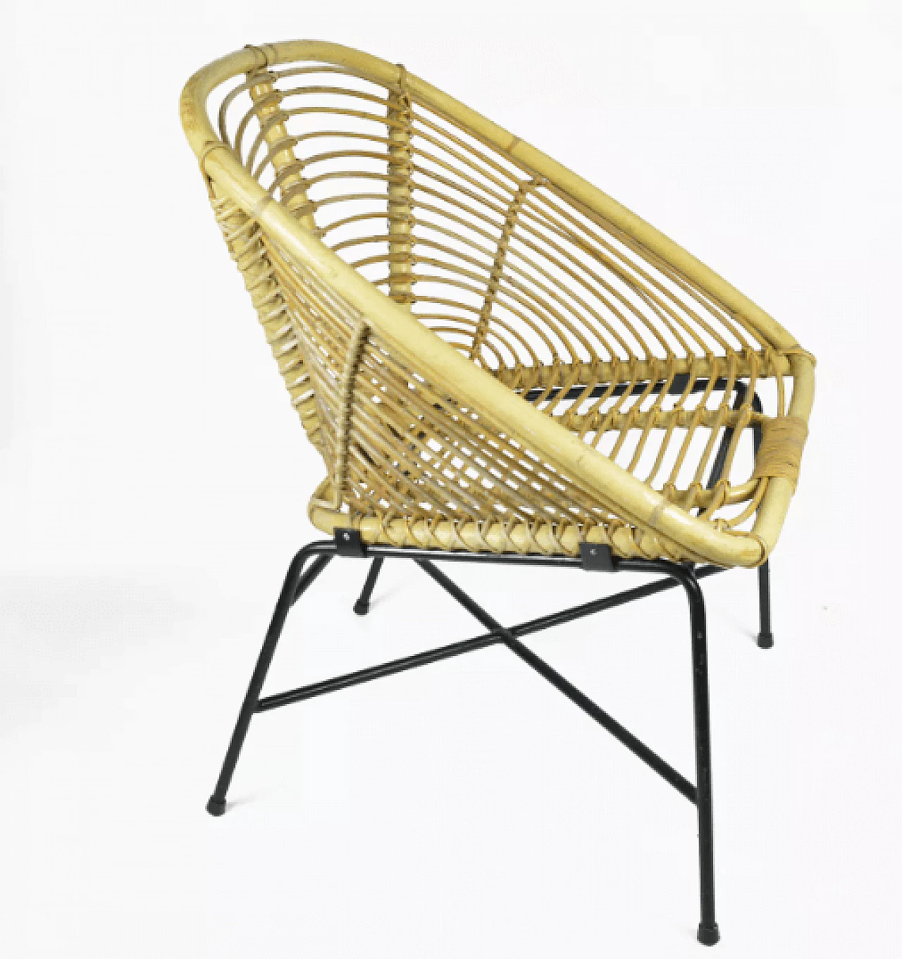 Rattan and black lacquered metal armchair, 1960s 7