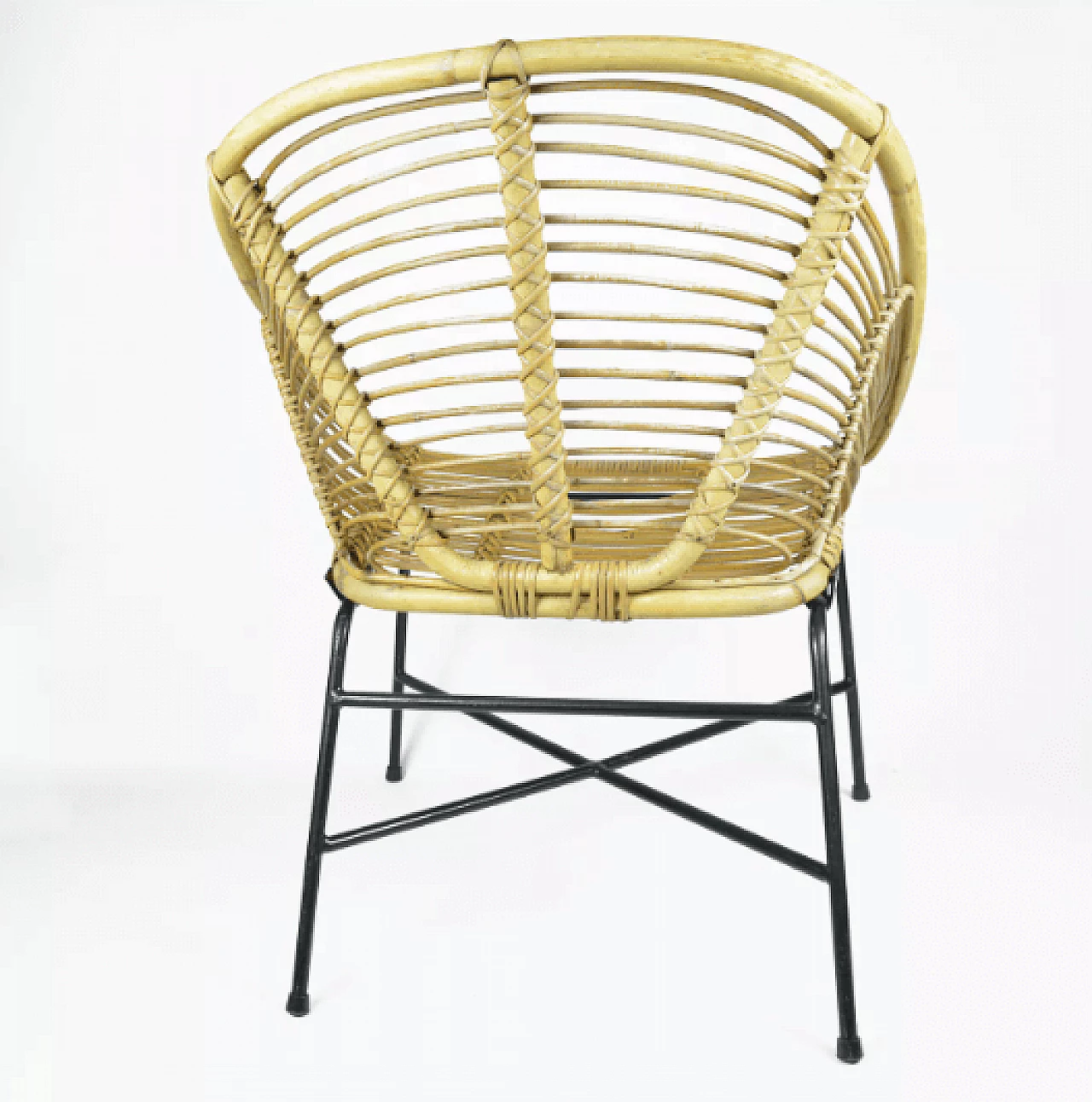 Rattan and black lacquered metal armchair, 1960s 9