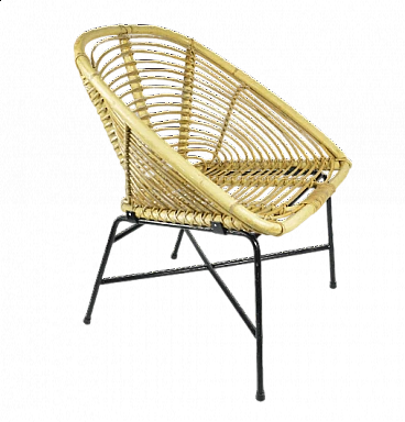 Rattan and black lacquered metal armchair, 1960s