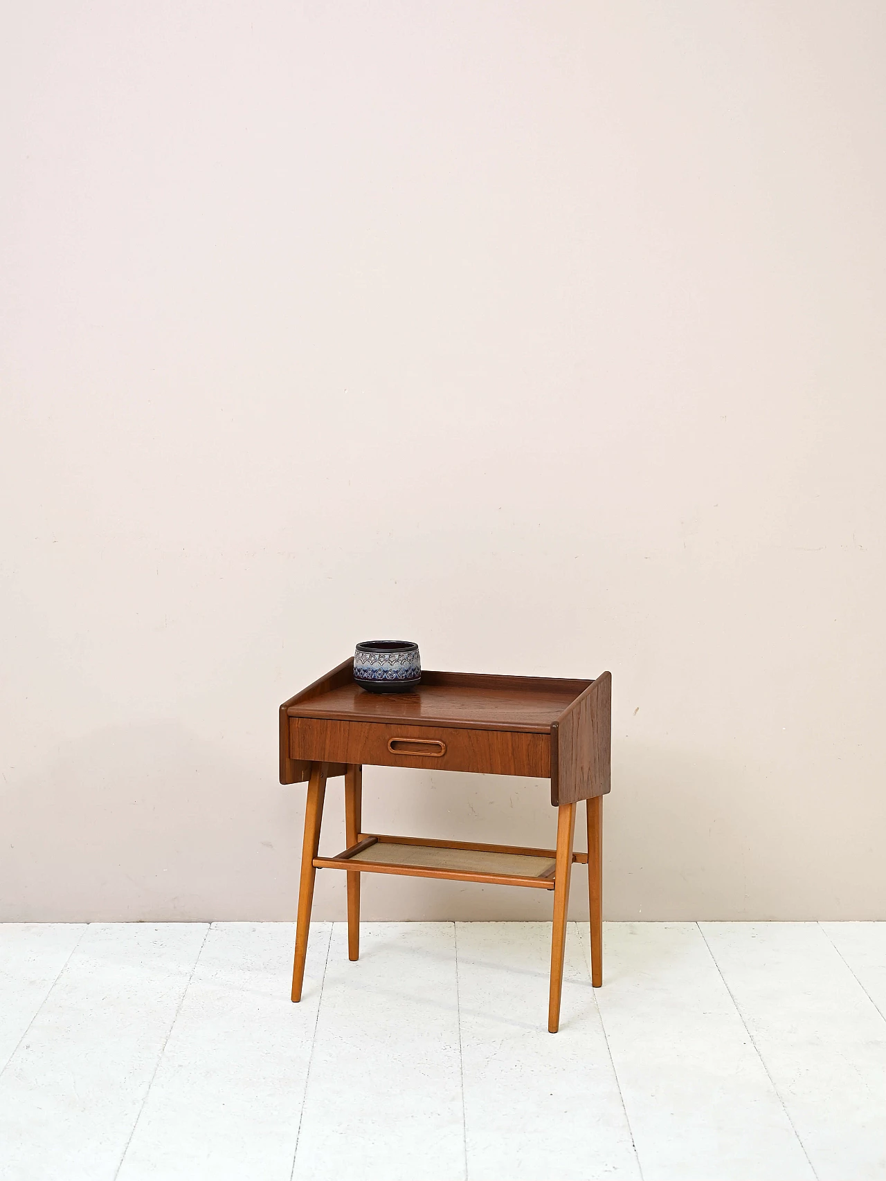 Wooden bedside table with rattan magazine rack shelf, 1960s 1