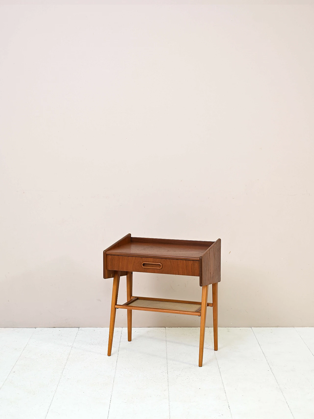 Wooden bedside table with rattan magazine rack shelf, 1960s 2