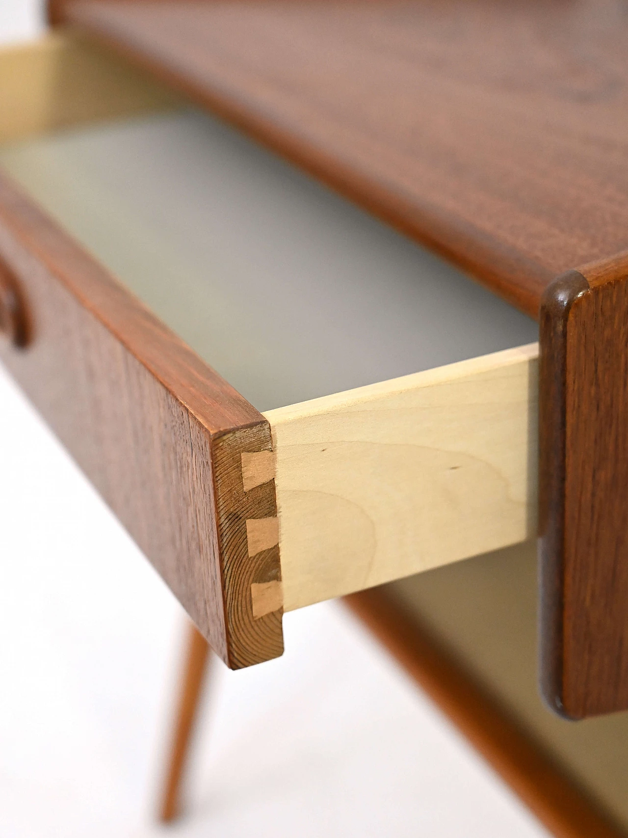 Wooden bedside table with rattan magazine rack shelf, 1960s 7