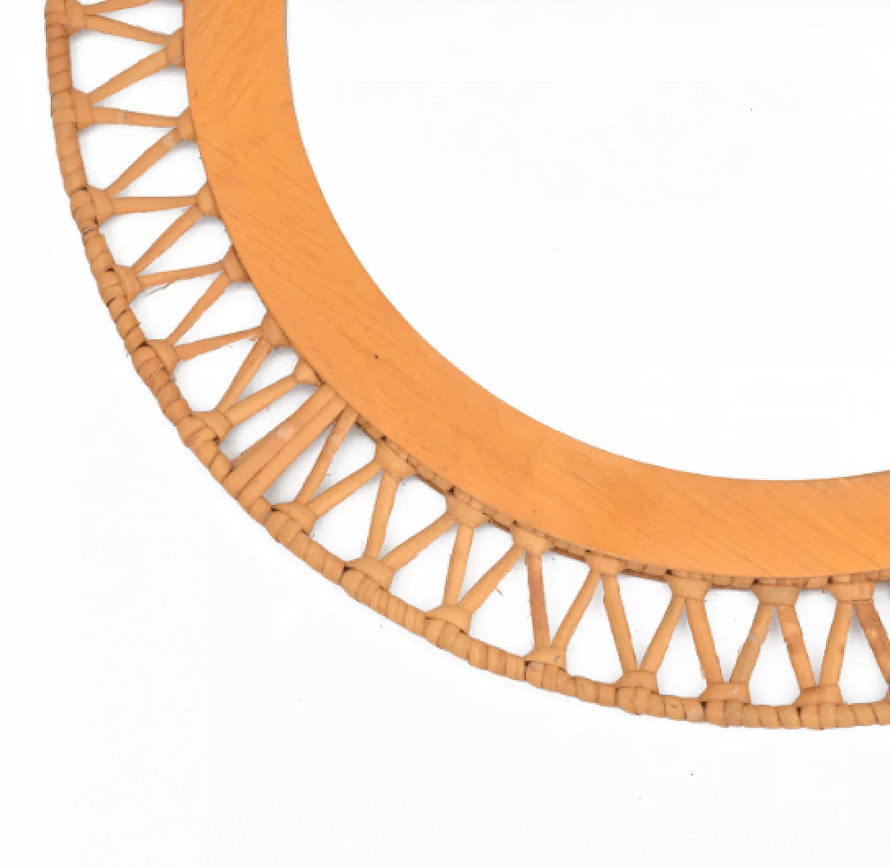 Specchio rotondo in faggio e vimini intrecciati, anni '70 2