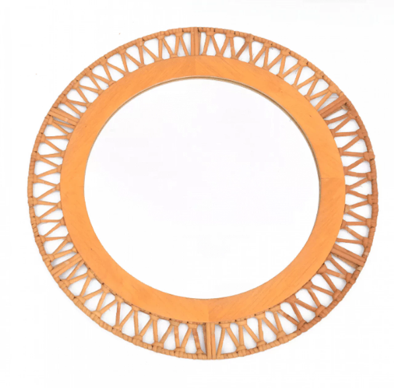 Specchio rotondo in faggio e vimini intrecciati, anni '70 3