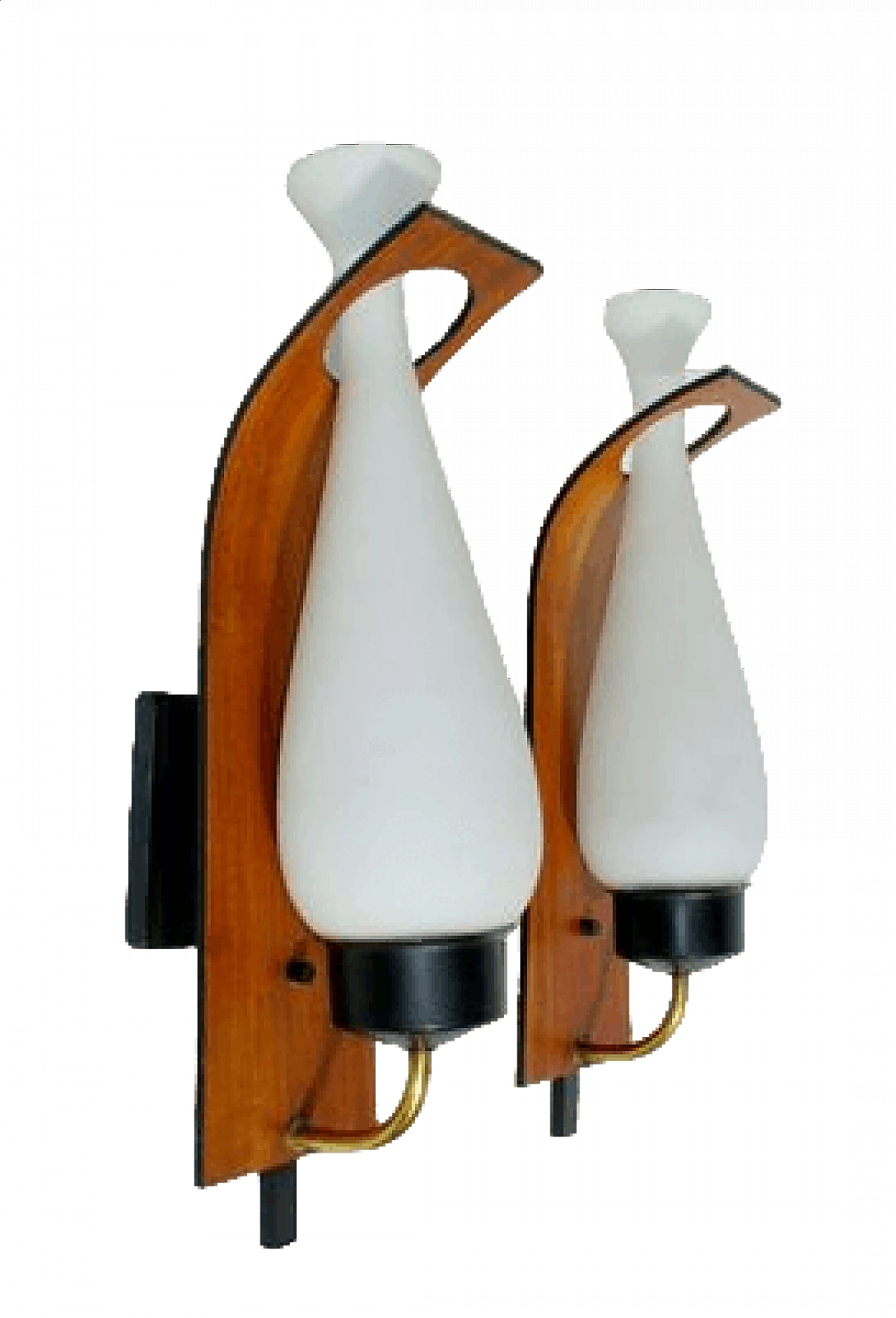 Coppia di applique in ottone, legno e vetro opalino attribuite a Stilnovo, anni '50 6