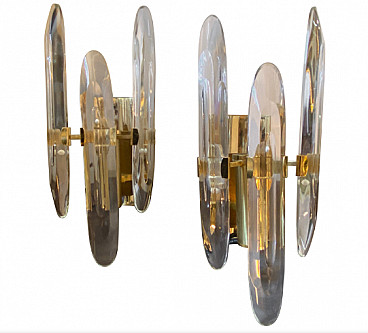 Pair of sconces in optical glass and brass by Gaetano Sciolari, 1970s