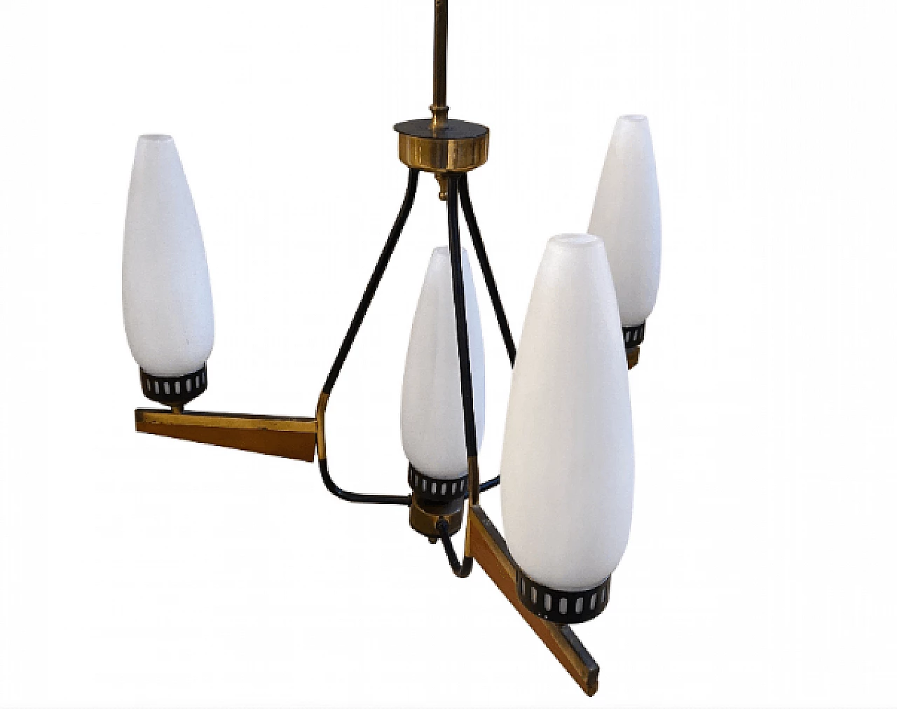 Chandelier in teak, brass and milk glass, 1960s 1