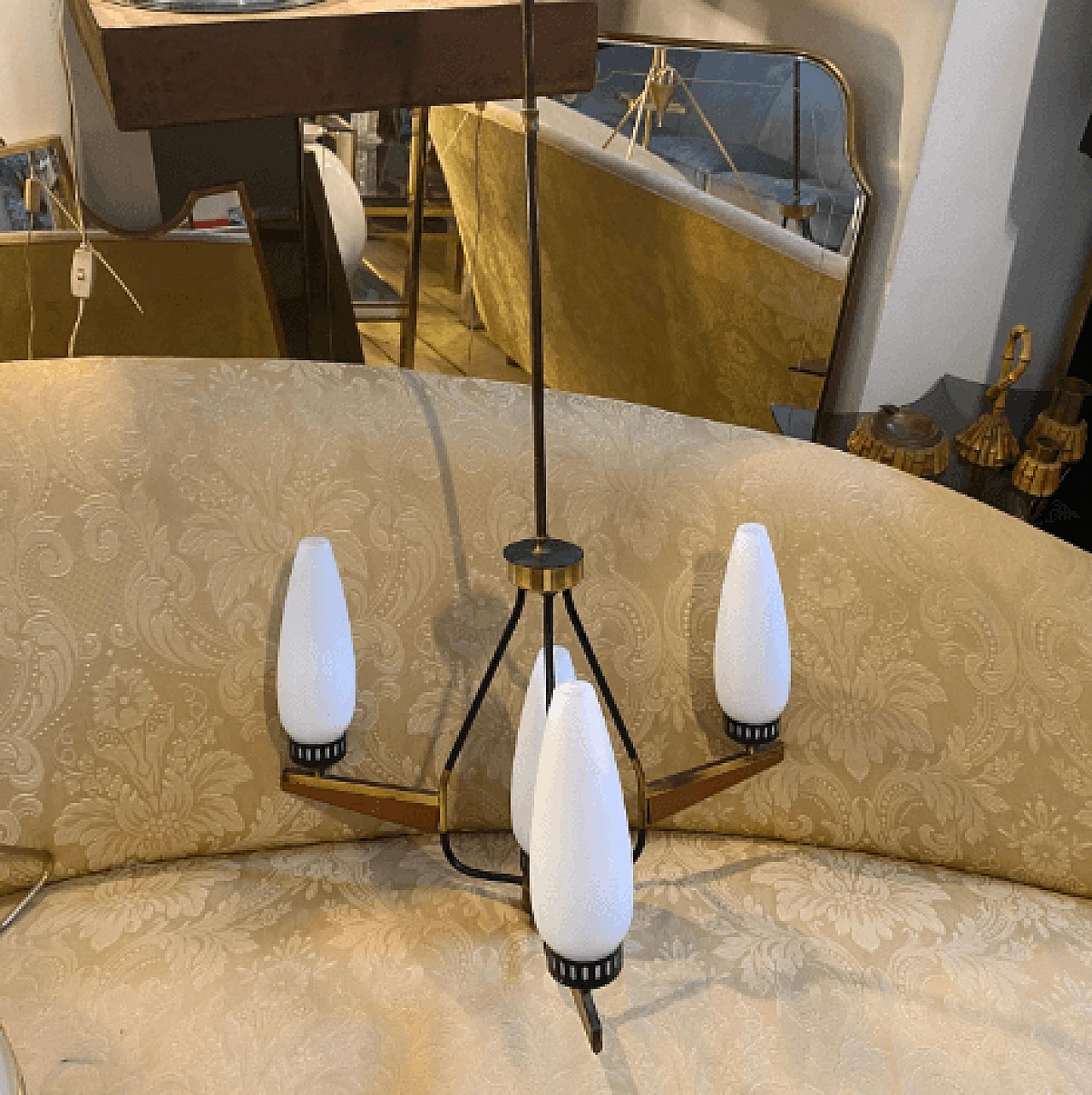 Chandelier in teak, brass and milk glass, 1960s 2