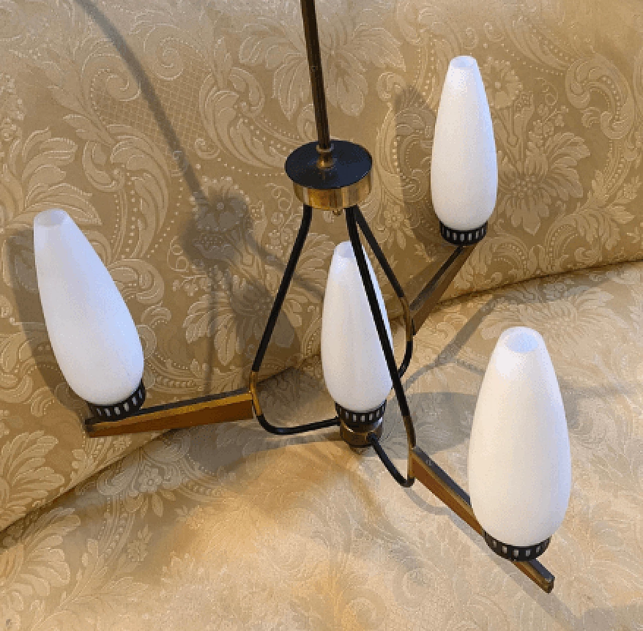 Chandelier in teak, brass and milk glass, 1960s 3