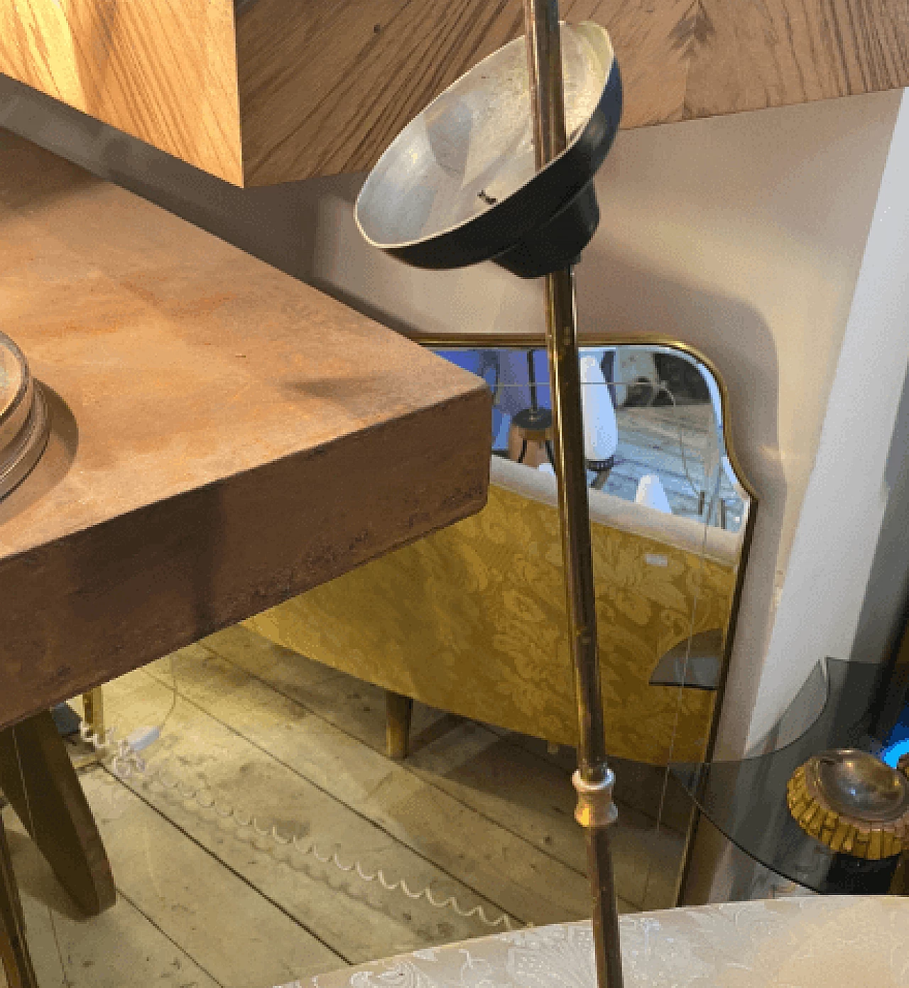 Chandelier in teak, brass and milk glass, 1960s 5