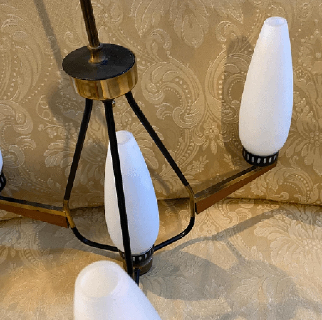 Chandelier in teak, brass and milk glass, 1960s 7