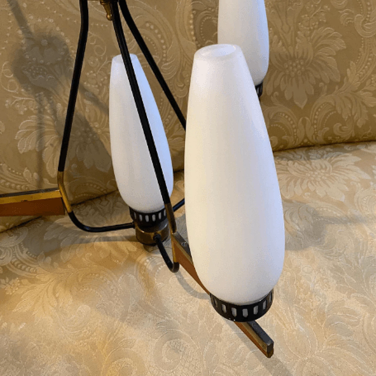 Chandelier in teak, brass and milk glass, 1960s 9