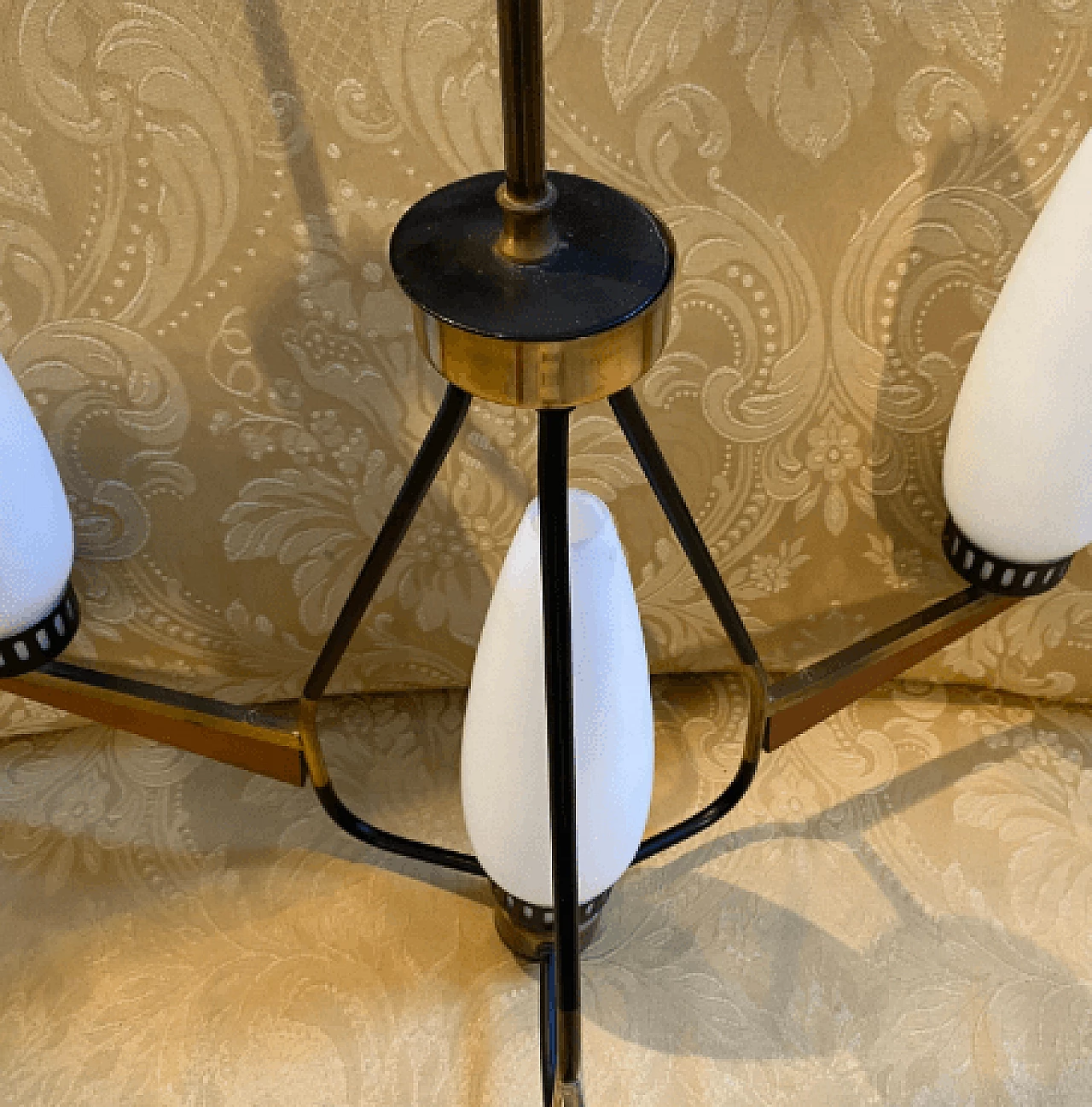 Chandelier in teak, brass and milk glass, 1960s 10