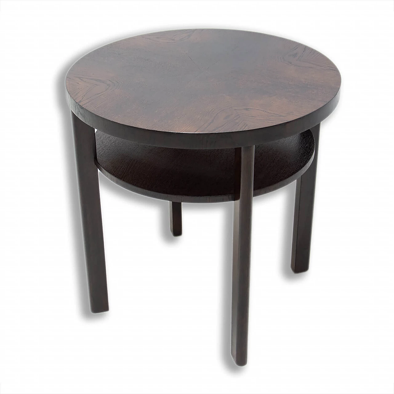Art Deco round dark oak side table with double shelf, 1950s 1