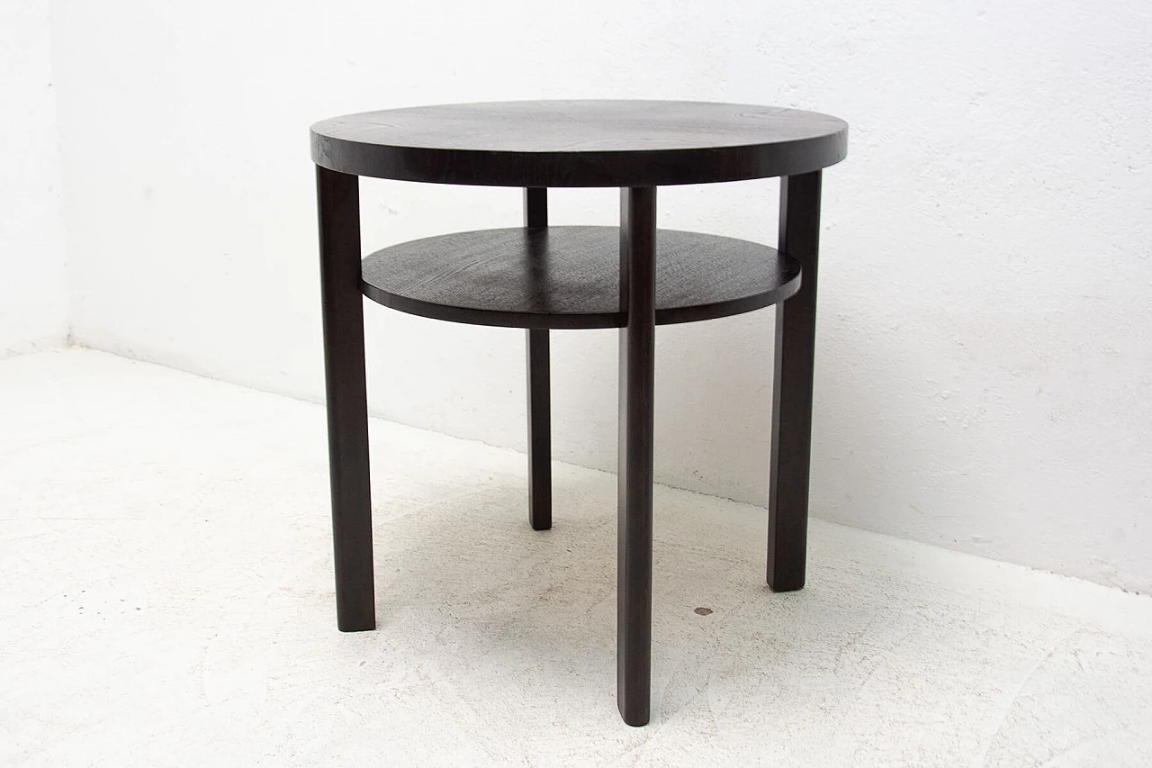Art Deco round dark oak side table with double shelf, 1950s 3
