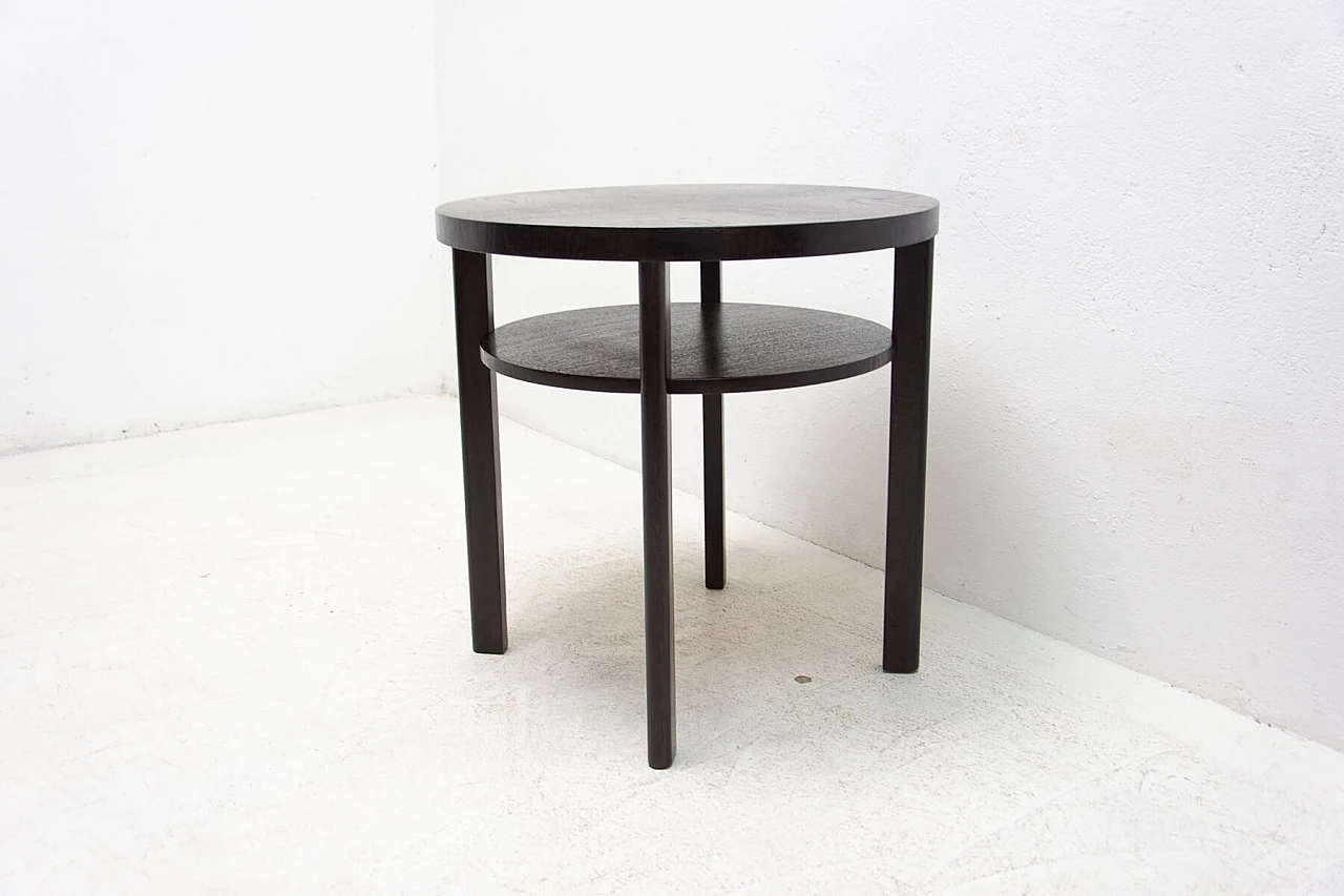 Art Deco round dark oak side table with double shelf, 1950s 5