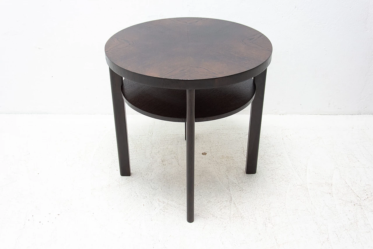 Art Deco round dark oak side table with double shelf, 1950s 7