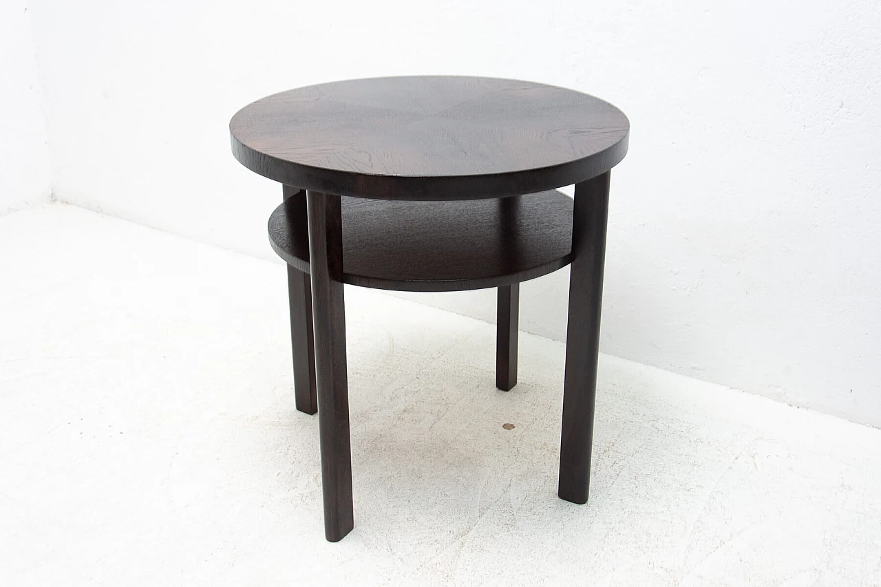 Art Deco round dark oak side table with double shelf, 1950s 8