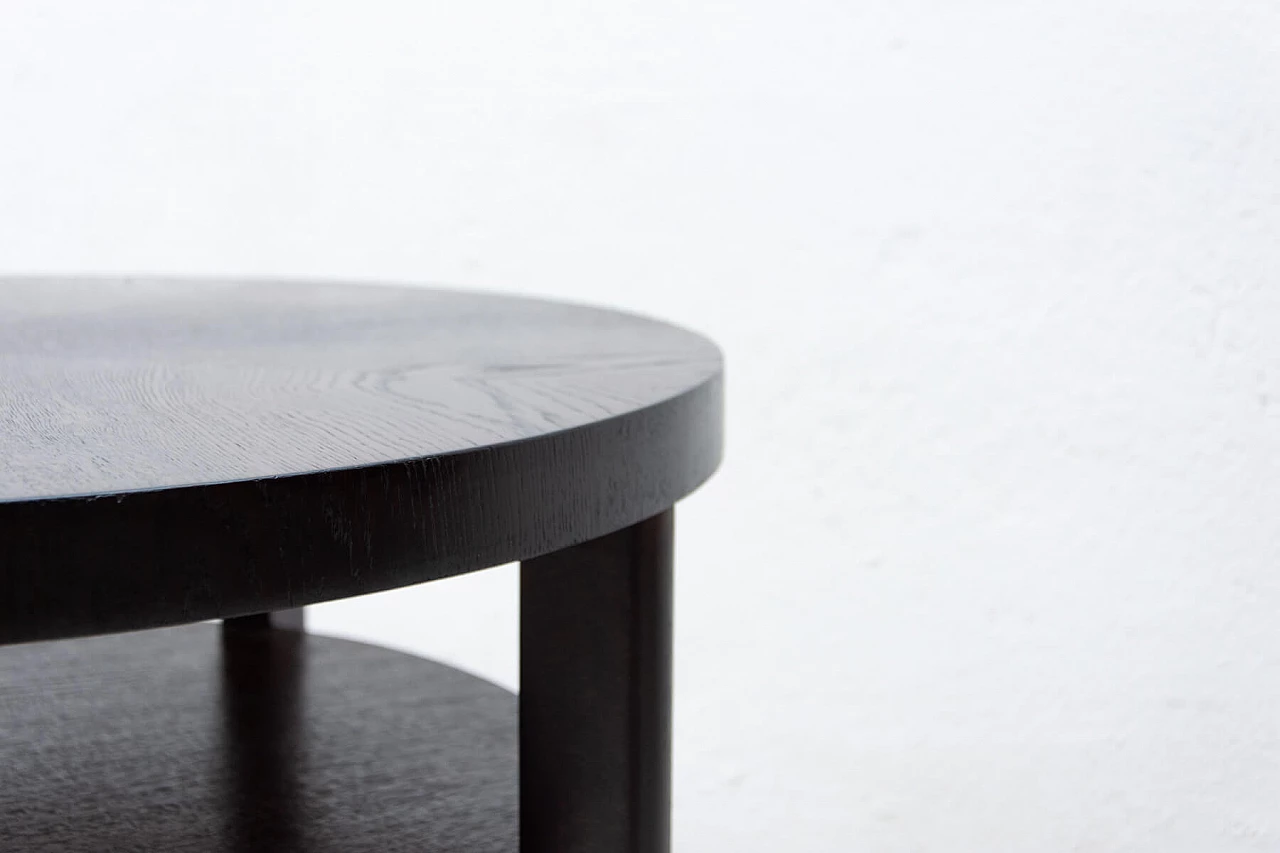 Art Deco round dark oak side table with double shelf, 1950s 10