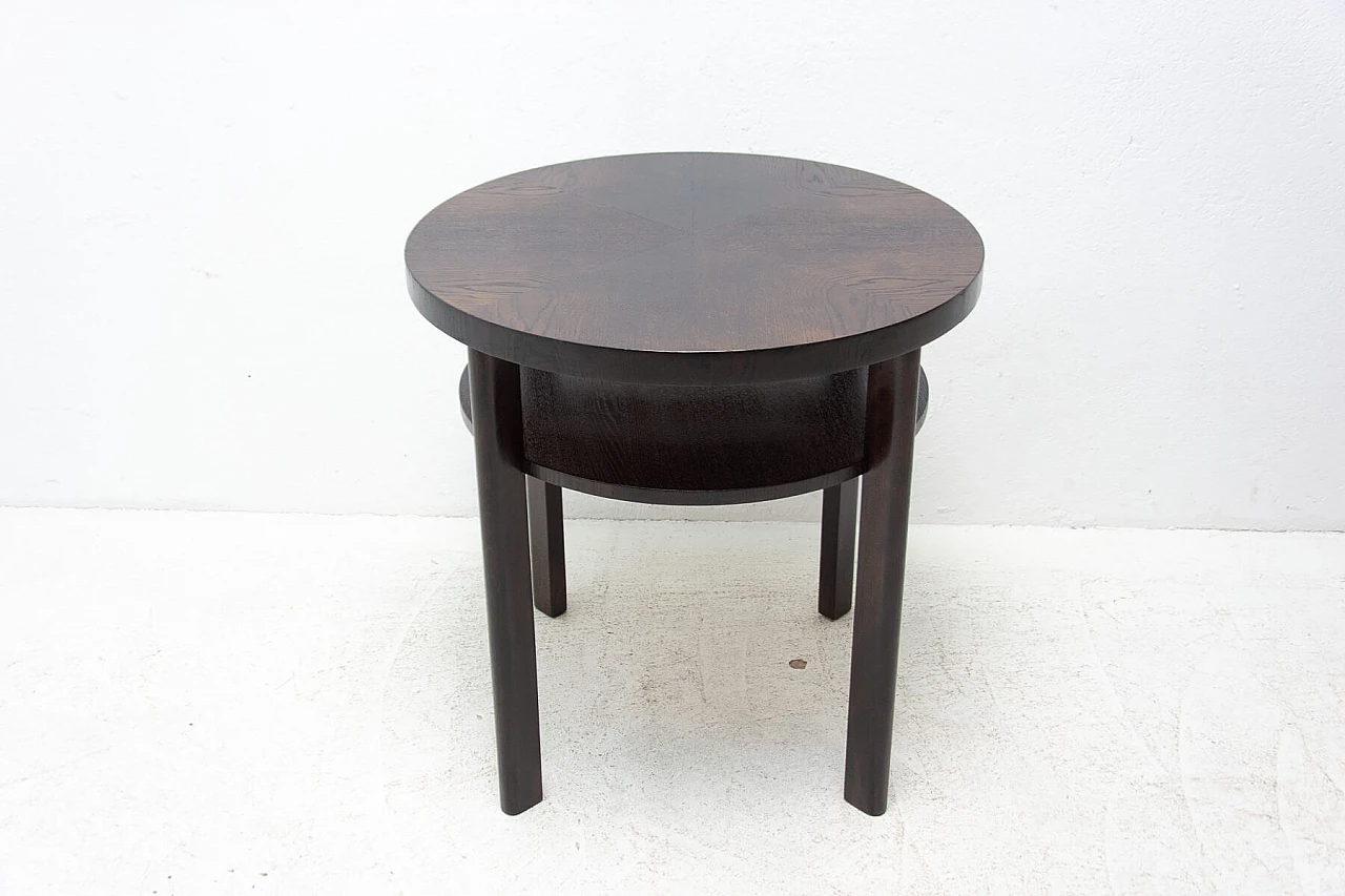 Art Deco round dark oak side table with double shelf, 1950s 14