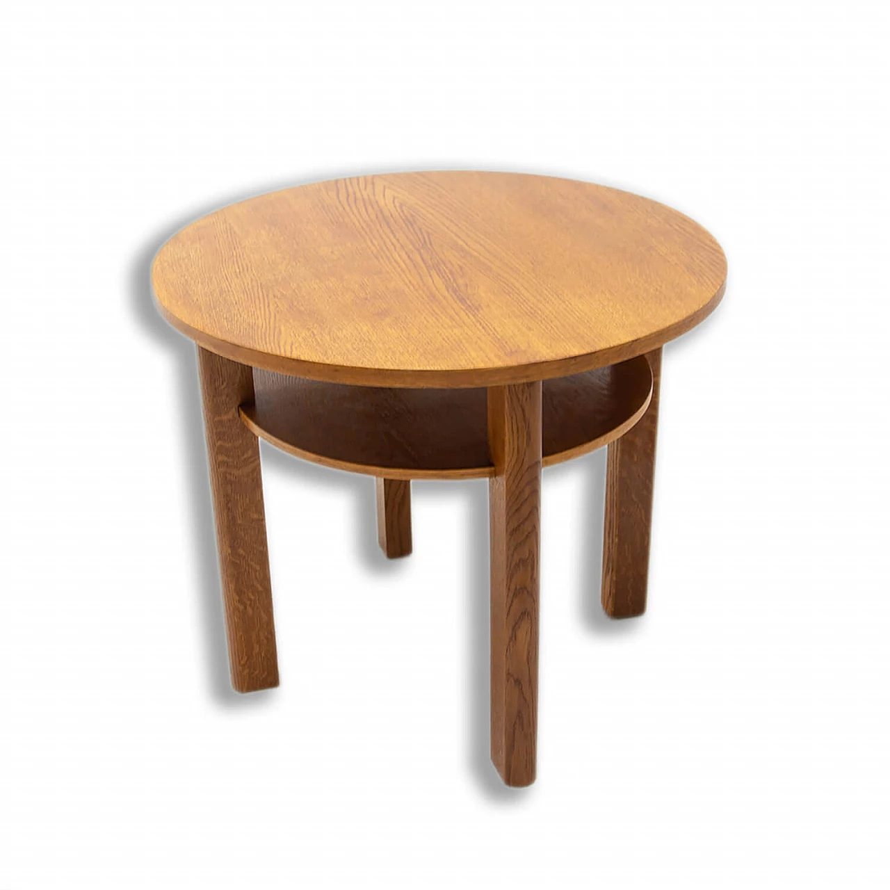 Art Deco round oak side table with double shelf, 1950s 1
