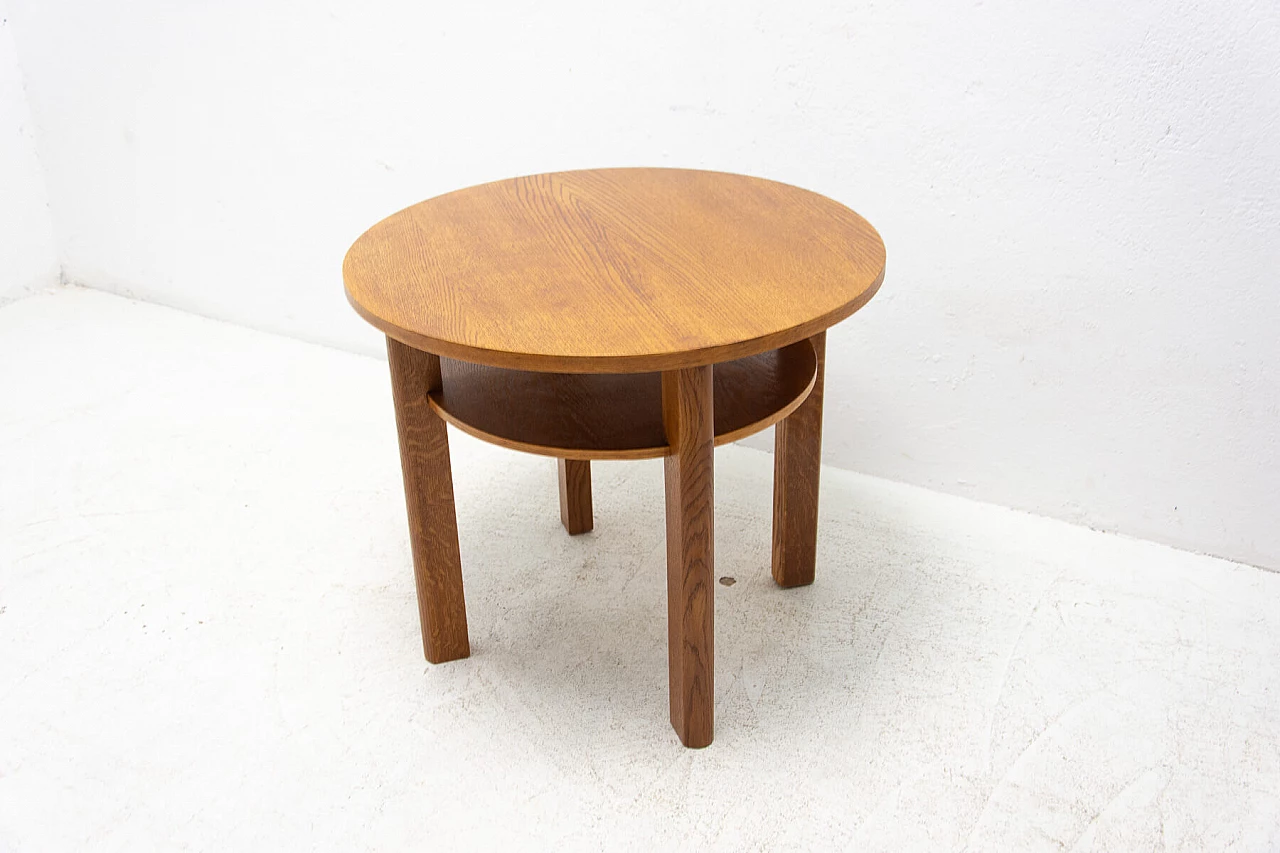 Art Deco round oak side table with double shelf, 1950s 2