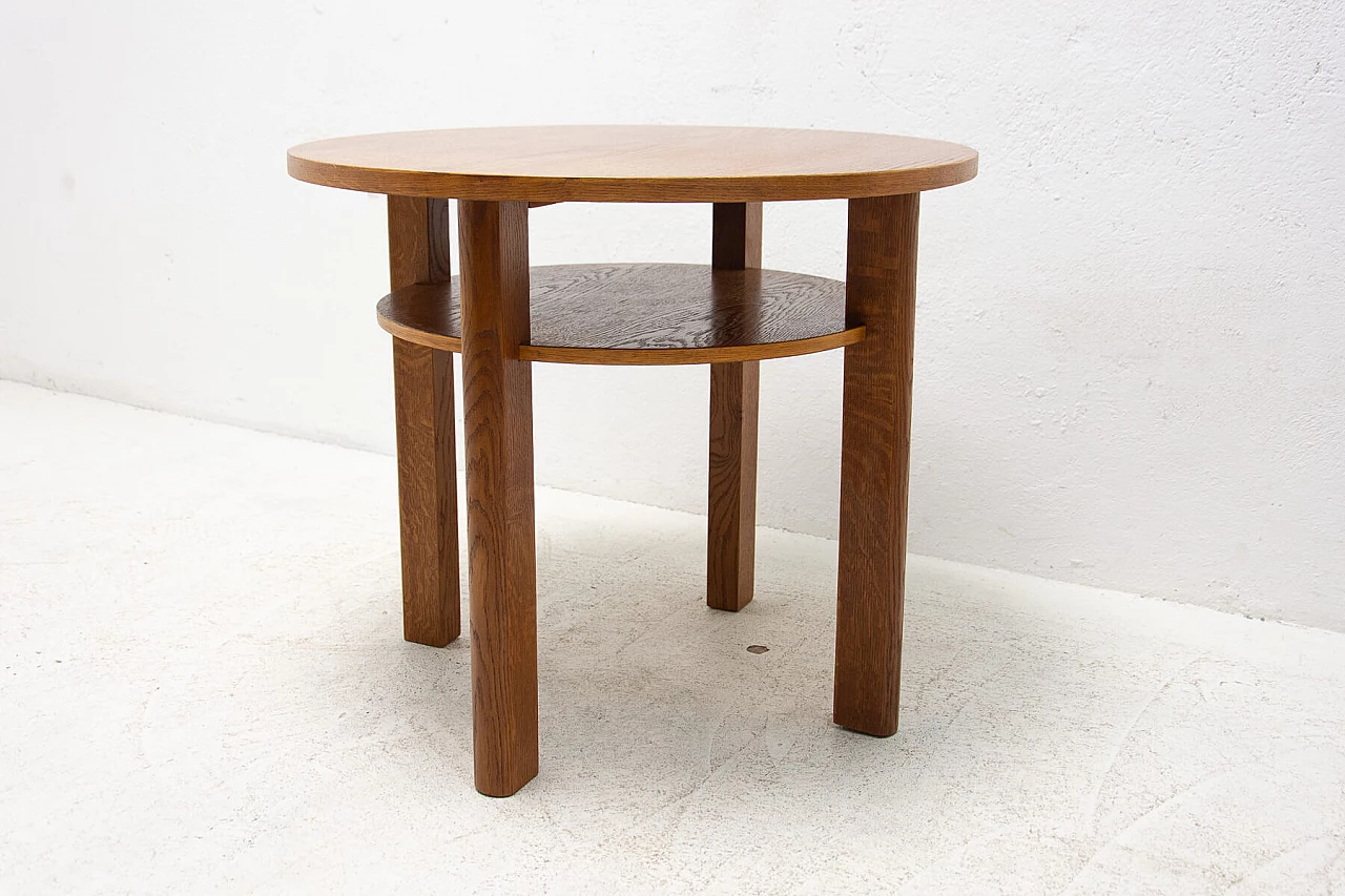 Art Deco round oak side table with double shelf, 1950s 9
