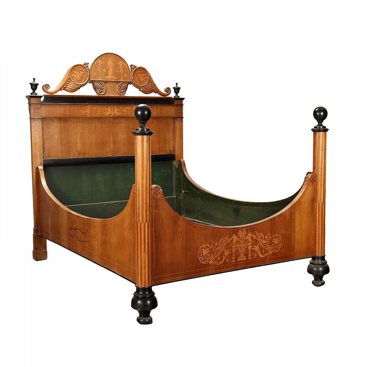 Charles X bed in cherry wood with mythological inlays, 19th century 1