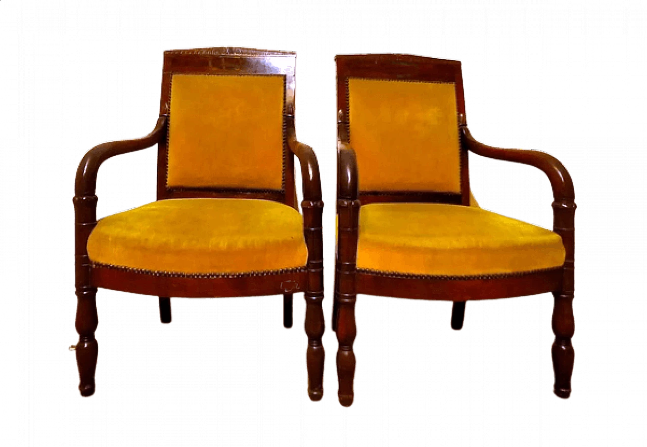 Pair of Charles X style armchairs in carved mahogany, 19th century 1